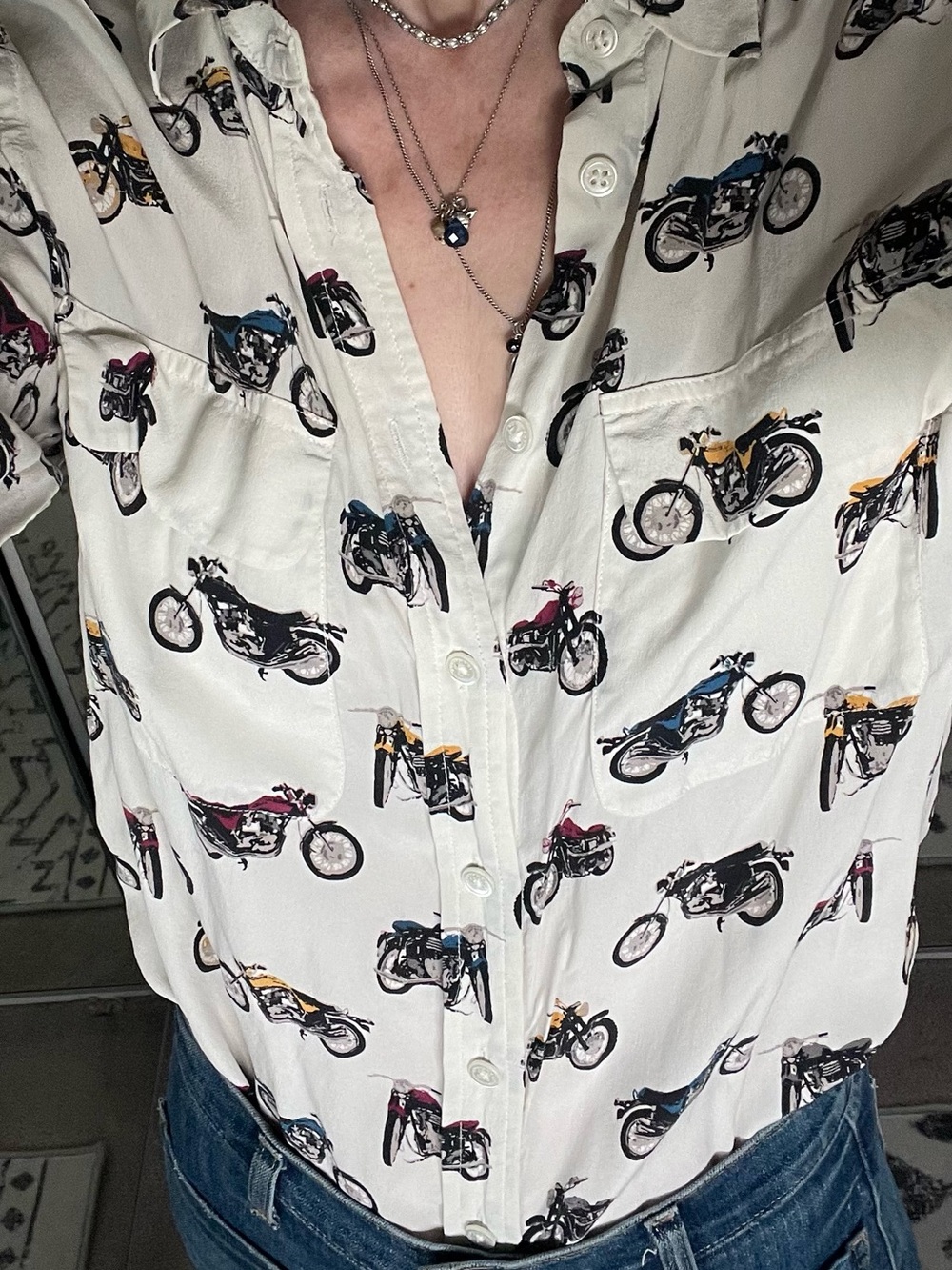 Equipment Cream Blouse with Black and Yellow Motorcycle Print - Picture 5 of 11